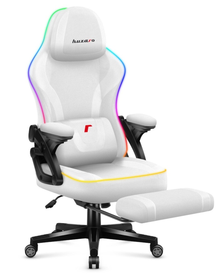 Biały fotel ergonomiczny do 130 kg Huzaro Force 4.4 RGB z oświetleniem LED.